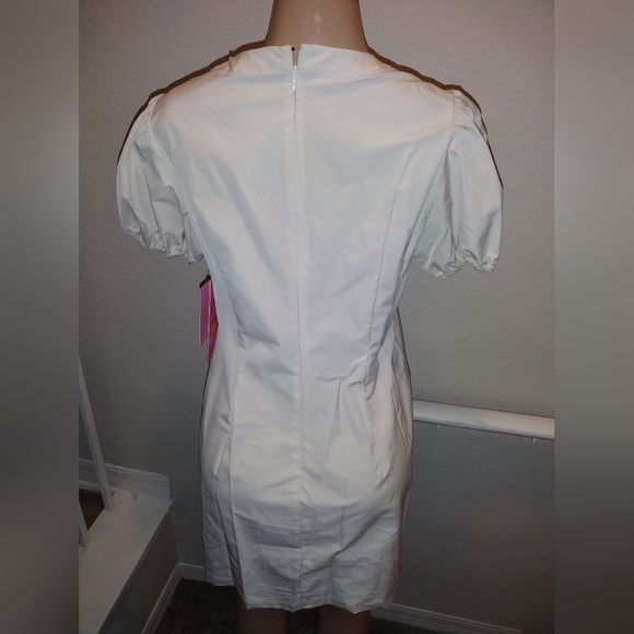 LDT Lace Up Split Round Neck Short Puff Sleeve Mini Dress - Picture 8 of 12